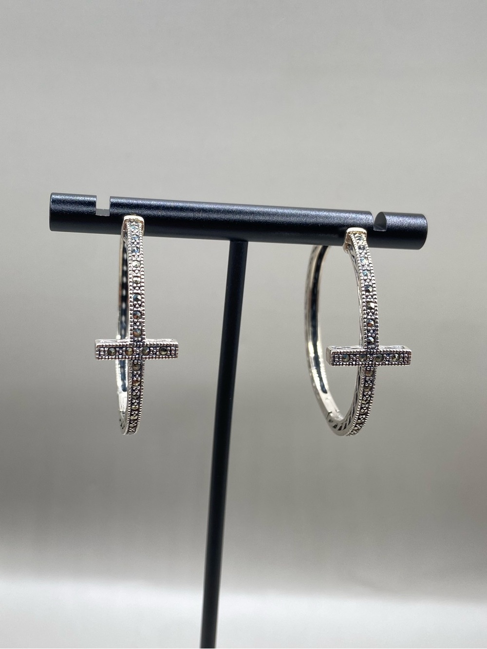 Lavish by TJM Sterling Silver Marcasite Cross Hoop Earrings